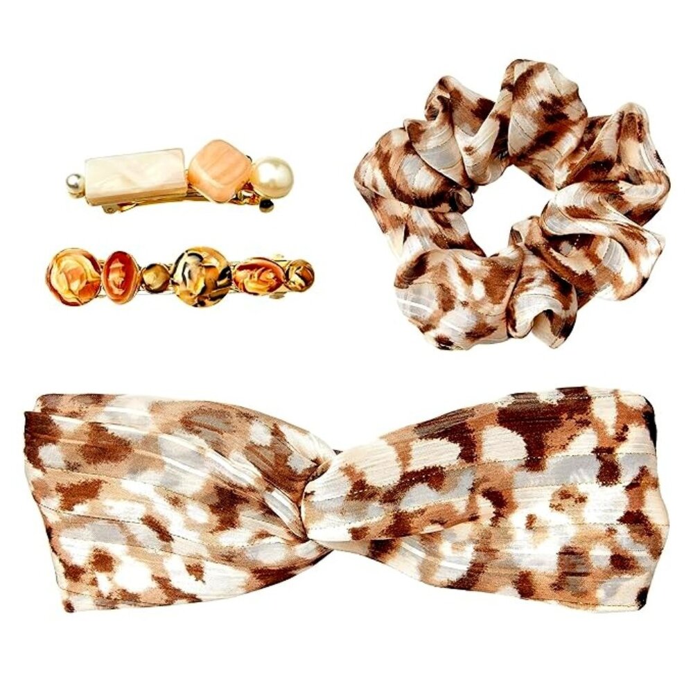 Fall Hair Accessories Knotted Headband, Hair Scrunchie Set-Brown Floral Knot